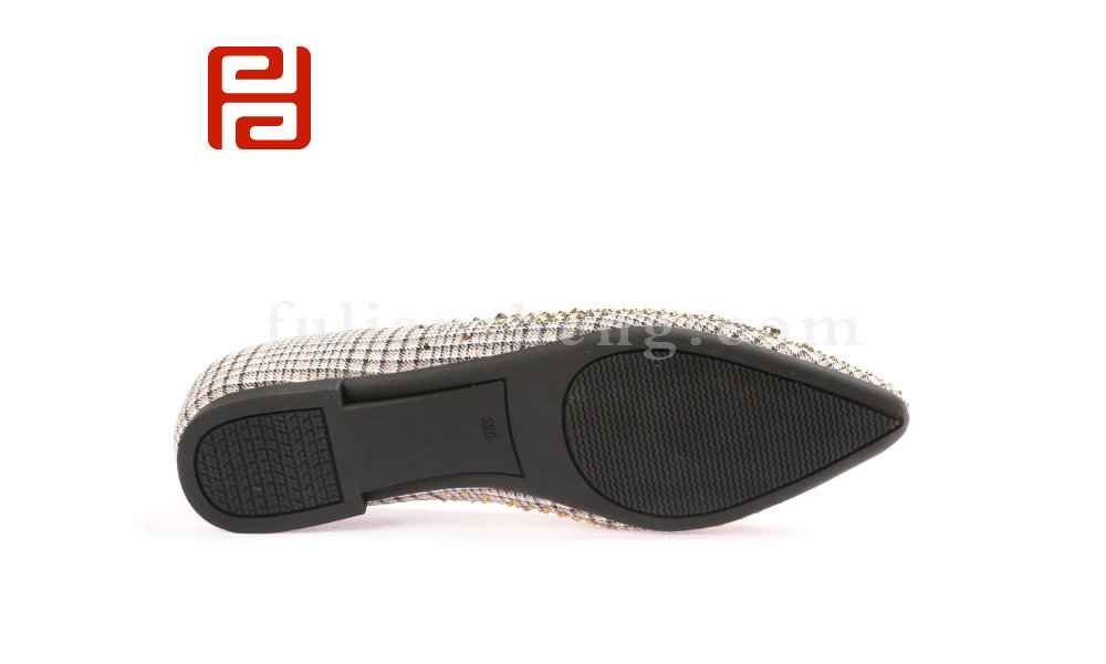 福連升民國風格子布單鞋女鑲鉆淺口尖頭鞋平底瓢鞋圖片