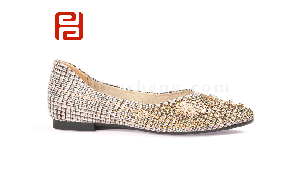 福連升民國風格子布單鞋女鑲鉆淺口尖頭鞋平底瓢鞋圖片
