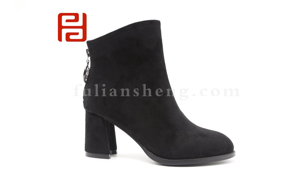 福連升高跟短靴女秋新款粗跟拉鏈棉麻舒適女鞋圖片