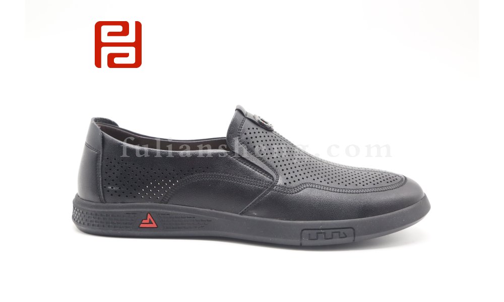 福連升夏季休閑商務男鞋棕色黑色打孔透氣舒適套腳鞋圖片